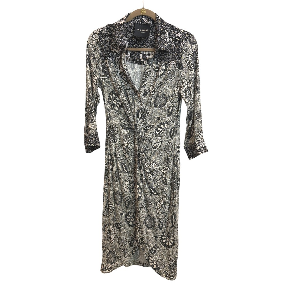 Le Superbe Paisley Printed Pearl Snap‎ Twist Front Shirt Dress w metallic  6